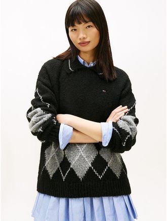 Tommy Hilfiger Womens Tommy Jeans Argyle Sweater Polo - Black - L