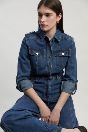 Karen Millen Womens Denim Boiler Wide Leg Jumpsuit - Indigo Blue Cotton - Size 12 UK