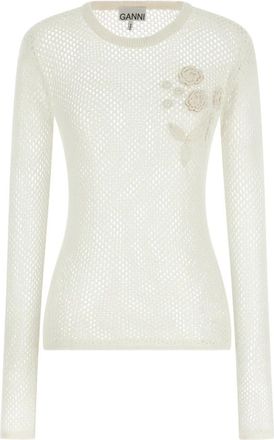 Ganni Cotton Mesh Pointelle Sweater - Dames - Ronde hals truien - Wit - S - Katoen - Truien & Vesten