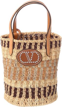 Valentino Vlogo Signature Small Raffia & Leather Bucket Bag
