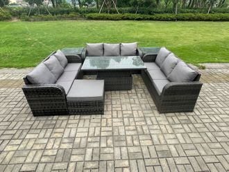 Fimous Patio Garden Dining Set Outdoor Rattan Furniture Sofa Height Adjustable Rising Table With 2 Side Tables in Dark Grey