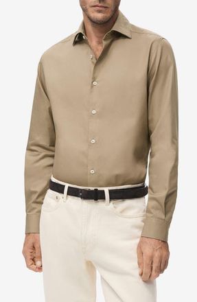 Mango Slim Fit Cotton & Lyocell Button-Up Shirt in Brown at Nordstrom, Size X-Large