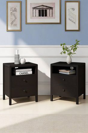 Living and Home 2Pcs Bedside Tables with Charging Station & Drawers in Black