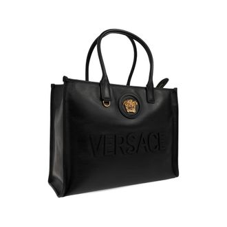 Versace Logo-Embossed Calf Leather Tote Bag - Black