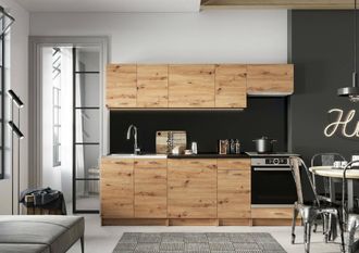 Dmora Cocina Completa Camerino, Conjunto Compacto Y Funcional Con Puertas Y Caj&oacute;n, Nudos De Roble