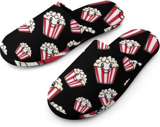 Generic Cute Popcorn Buck Flannel Mens Slip-on Slippers Winter Warm House Shoes with Rubber Sole for Home Hotel