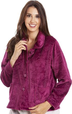 Camille Womens Supersoft Fleece Bed Jacket - Luxury Soft Rose Embossed Warm Sleep Top - Button up & Long Sleeved Burg 18-20
