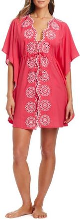 Bleu Rod Beattie Eyelet Open Front Cover-Up Caftan in Fiesta Pink/white at Nordstrom, Size Medium