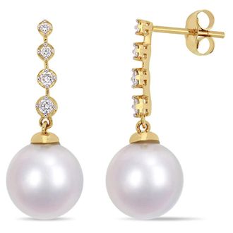 Amour 10 - 10.5 Mm South Sea Cultured Pearl and 1/6 CT TW Diamond Dangle Earrings In 14K Yellow Gold