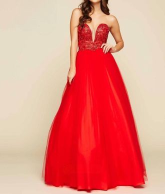 Mac Duggal Plunging V Neck Ball Gown In Red