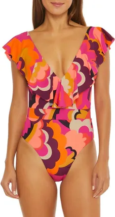 Trina Turk Fan Faire Ruffle One-Piece Swimsuit in Orange Multi at Nordstrom, Size 14