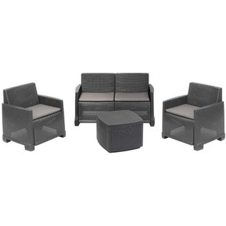 Dmora Set salotto da esterno Amer, Composizione da giardino con 2 poltrone, 1 divano e 1 tavolino contenitore, Effetto rattan con cuscini, 100% Made in