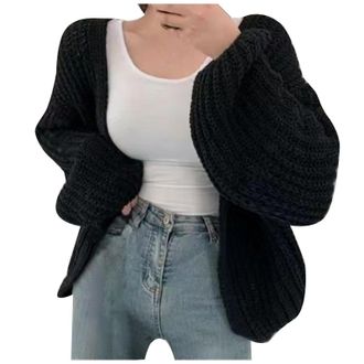 Generic Womens Autumn Winter Coat Balloon Sleeves Knitted Cardigan Solid Color Versatile Lazy Style Thick Sweater Casual Loose Open Front Knitwear Black