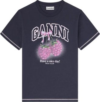 Ganni T-shirt met Frambozen - Dames - T-shirts - Zwart - XS - Katoen - Tops