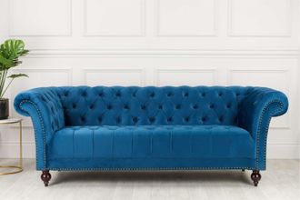 Birlea Chesterfield Sofa 3 Seater Chester Blue Velvet Studded Settee in Dark Blue