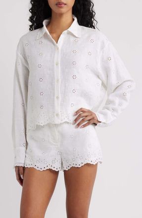 LoveShackFancy Delano Eyelet Linen Shirt in Optic White at Nordstrom, Size X-Large