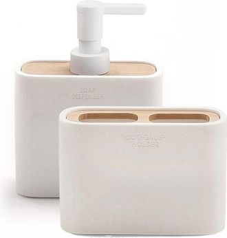 Gedy Gedy - Set Melbourne 2 Pezzi, 1 Dispenser Sapone e 1 Porta Spazzolino, Serie Realizzata in Resina e Bamb&ugrave; con Finiture Bianche