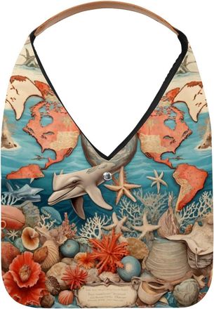 Generic Vintage Map Dolphin Reusable Lightweight Grocery Bags - Foldable Into Compact Pouch, Washable & Sturdy, Multipurpose for Shopping and Travel