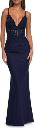 La Femme Illusion Lace V Neck Top with Jersey Skirt Dress in Navy at Nordstrom, Size 6