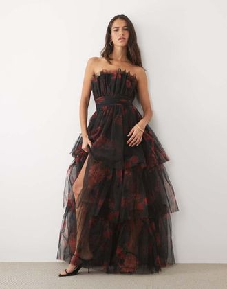 Lace & Beads vestito lungo in tulle con bandeau, volant e balze a strati nero floreale-Multicolore
