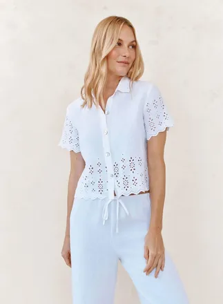 Bella Dahl Short Sleeve Embroidered Button Down Top In White