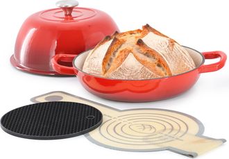 MegaChef 6 Quart Enameled Cast Iron Bread Pot in Red with Baking Mat