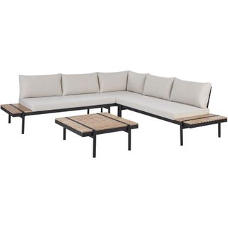 Beliani Set di divani angolari da giardino a 5 posti Tavolino in legno di eucalipto Cuscini bianchi Bellariva
