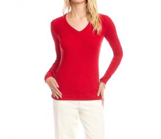 Karen Kane Long Sleeve Ribbed V-Neck Top In Red