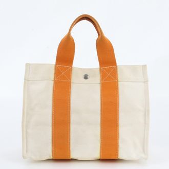 Herm&egrave;s Beige Orange Cotton Handbag Shoulder Bag Tote Bag (Pre-Owned)