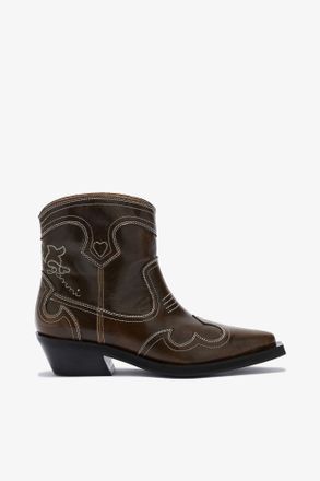 Ganni Low Shaft Embroidered Western Boots - Size 37 Green