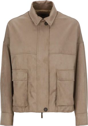 D.exterior Beige Flap Pockets Synthetic Leather Bomber Jacket