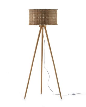 Els Banys L&aacute;mpara de pie tripodal madera pantalla mimbre