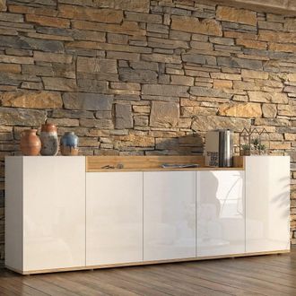 Dmora Aparador Cordele, Armario 7 Estantes, Apertura Abisagrada Made In Italy, 5 Puertas, 200x35x70h Cm Blanco Brillo