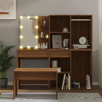 vidaXL Juego De Tocador Con Led Madera Contrachapada Roble Marr&oacute;n Vidaxl