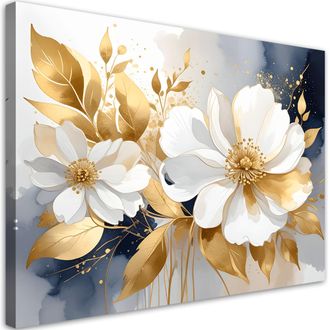 Feeby Cuadro En Lienzo Flores Blancas Y Hojas Doradas 100x70