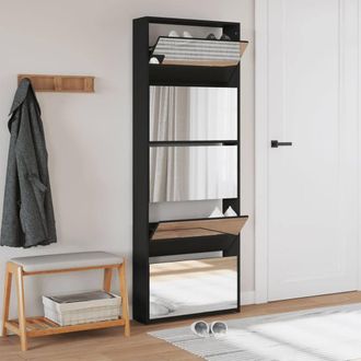 Berkfield Home Shoe Cabinet with Mirror 5-Layer Black 63x17x169.5 cm