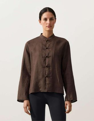 Oysho Giacca in 100% lino marrone con colletto alla coreana e bottoni