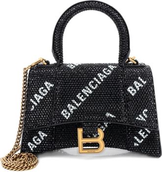 Balenciaga Hourglass Top Handle Bag Suede and Allover Logo Crystals XS satchel - Zwart