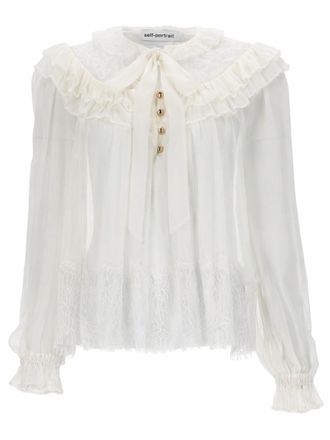 Self Portrait Neutrals Georgette Ruffled Collar Bow Tie Blouse