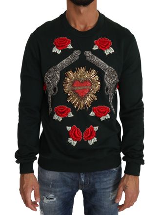 Dolce & Gabbana Mens Crewneck Sweatshirt Guns And Roses - Dark Green Cotton - Size EU 54 (Mens)