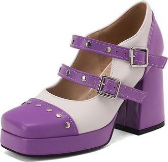 Generic Womens Platform Chunky High Heel Pumps Fashion Square Toe Studded Decor Ankle Strap Buckle Mary Jane Court Shoes (5.5,Purple)