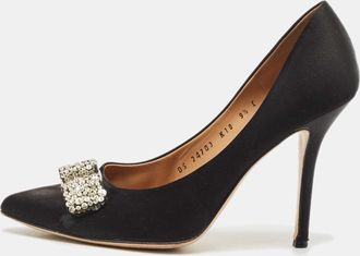 Ferragamo Black Satin Crystal Embellished Vara Bow Pumps