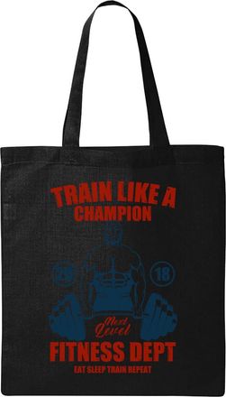 Generic Train Like A Champion Net Level Fitness Dept Eat Sleep train Repeat Deadlift Graphic Natural Ecological Cotton Tote Bag Black