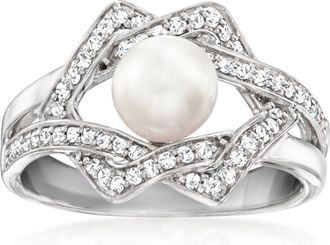 Ross-Simons 6-6.5mm Cultured Pearl and. Diamond Interlocking Ring in Sterling Silver