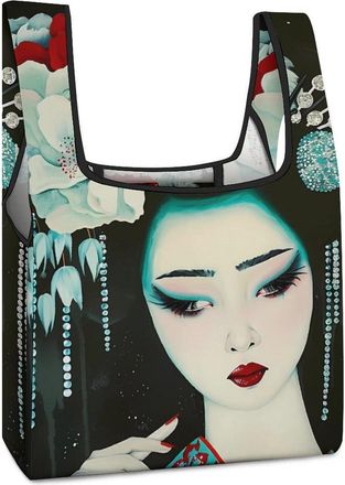 Generic Japanese Geisha Shopping Bag Reusable Grocery Tote Bag Foldable Handbag for Travel Picnic