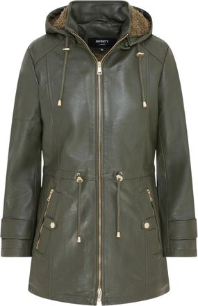 Infinity Leather Womens Green Leather Parka Detachable Borg Hooded Trench Coat - Trekker