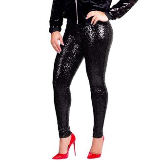Generic Women Sequin Leggings Elasticated High Waist Glitter Leggings Plus Size Tummy Control Butt Lifting Sparkly Legging Ladies Stretch Skinny Sexy Yoga Pan