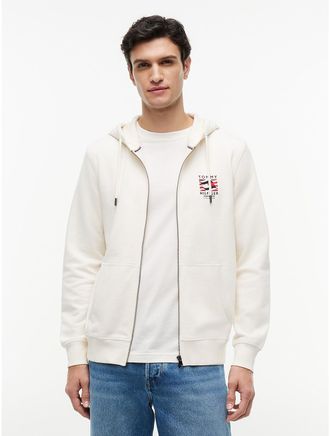 Tommy Hilfiger Mens Embroidered Wavy Flag Logo Zip Hoodie - Ivory Petal - XXL