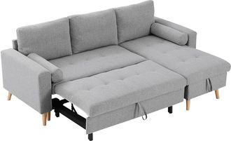 Vente-Unique Sof&aacute; cama rinconera reversible de tela gris claro con arc&oacute;n KORI