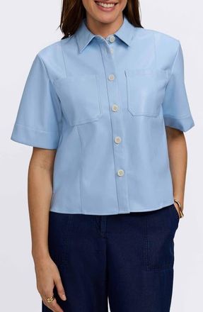 Foxcroft Demi Elbow Sleeve Faux Leather Button-Up Shirt in Sky Blue at Nordstrom, Size X-Large